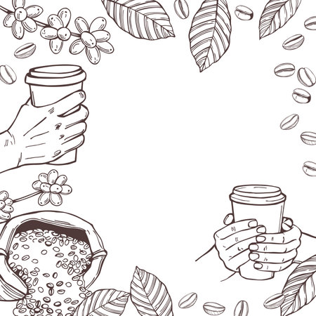 Hand-drawn coffee set. Hands holding paper cup of coffee. vector background.のイラスト素材