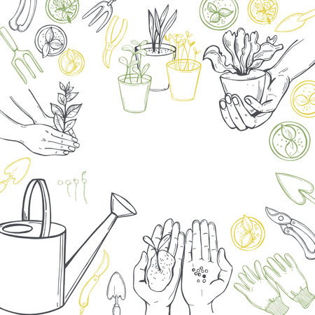 Vector background with hand-drawn garden tools. sketch illustration.のイラスト素材