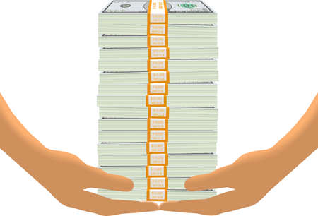 Hands lift a tall stack of dollar bills in bundlesの写真素材