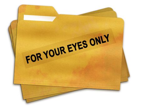 For Your Eyes Only Stamped On Old Stained File Folders (Isolated on White Background)