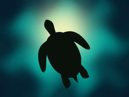 Swimming turtle partially blocking the view of the sun diffused by the seawater and ocean waves at the ocean's surfaceの写真素材