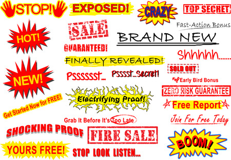 A set of call to action signs namely stop, exposed! Crazy. Brand New. Top Secret. Shh. Zero risk guarantee. Electrifying Proof.  Psst. New! Hot! Shocking Proof! Boom! Fire sale. Yours Free! Stop Look Listen. Finally Revealed! Sold Out! Guaranteed. sale. Fのイラスト素材