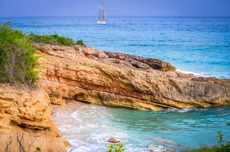 Boat at de beach, and mountainの写真素材