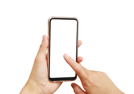 the female hand holding smartphone in front of white backgroundの写真素材