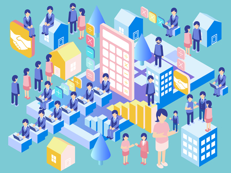 Accounting business with smartphone and computer-isometric view of house and building Vector design concept illustration green backgroundのイラスト素材