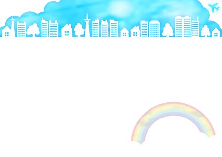 city tree building blue sky cloud rainbow water colorの写真素材