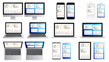 Laptop and desktop computer and smartphone graph data white backgroundのイラスト素材