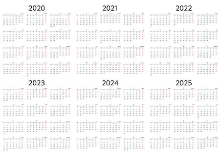 A six-year calendar starting on Sunday, 2020 to 2025のイラスト素材