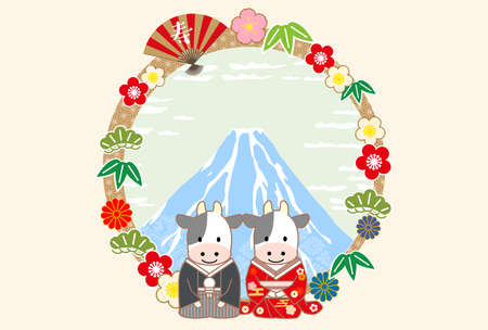 2021 Year of the Ox Greeting Cards -Japanese Cattle wearing kimono.The characters on the artwork mean "Happy New Year" in Japanese.のイラスト素材
