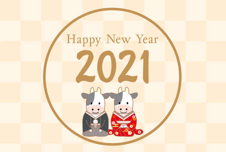2021 Year of the Ox Greeting Cards -Japanese Cattle wearing kimono.The characters on the artwork mean "Happy New Year" in Japanese.のイラスト素材