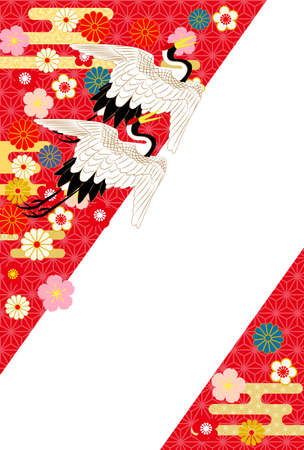 Red New Year's card with a Japanese crane.のイラスト素材
