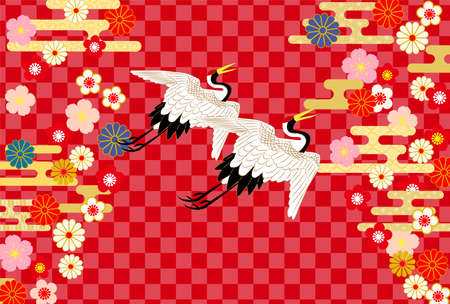 Red New Year's card with a Japanese crane.のイラスト素材