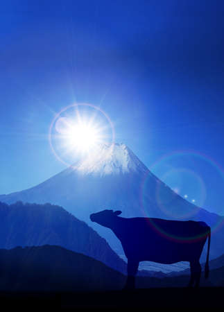 Year of the Ox - New Year's card
Mt.Fuji with cow silhouette and the first sunrise.の写真素材
