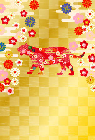 2022 Tiger New Year's card-Japanese pattern Tiger old style gold background.のイラスト素材
