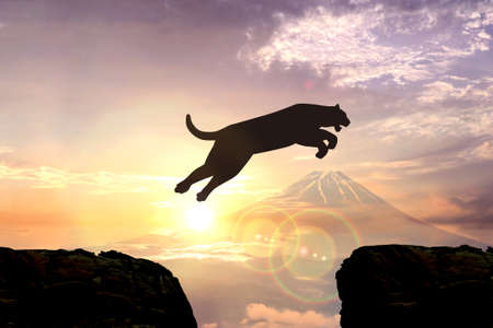 Tiger New Year's card-Silhouette of a jumping tiger, Mt. Fuji and the first sunriseの写真素材