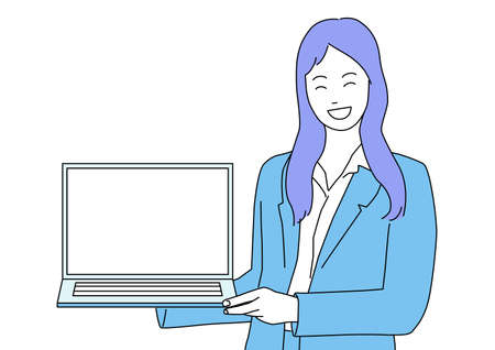 Business woman giving a presentation on a blue notebook PC.のイラスト素材