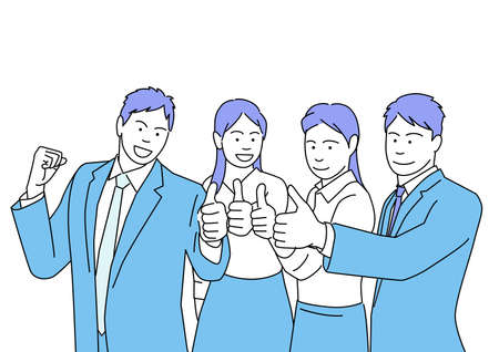 Male and female colleague businessmen who cooperate in a blue thumbs up pose.のイラスト素材