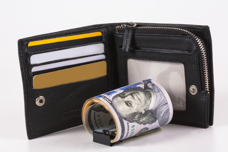 The dollar, a model on a dollar bill, a concept and idea of the cost of time and money, real state commercial and financial concepts. Retro, green with purseの写真素材