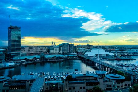 Darling Harbour Sydney Australia at sunset.DEC 30,2016 Darling Harbour is a harbour adjacent to the city centre of Sydney, New South Wales, Australia.のeditorial素材
