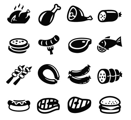 vector black meat and sausage icon set on whiteのイラスト素材