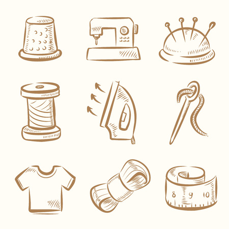 vector hand draw sewing icon set on beigeのイラスト素材