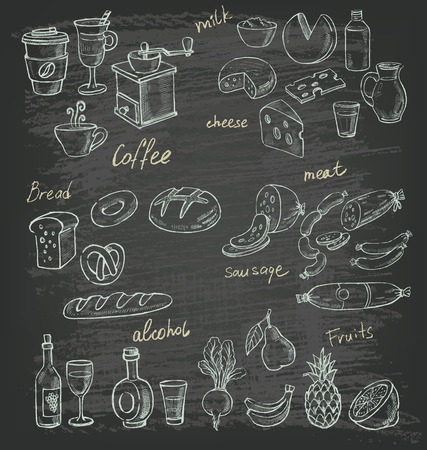 vector hand drawn illustration of food on blackのイラスト素材