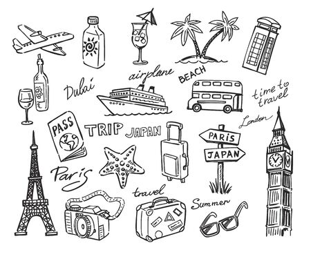 vector hand drawn travel sketch doodle setのイラスト素材
