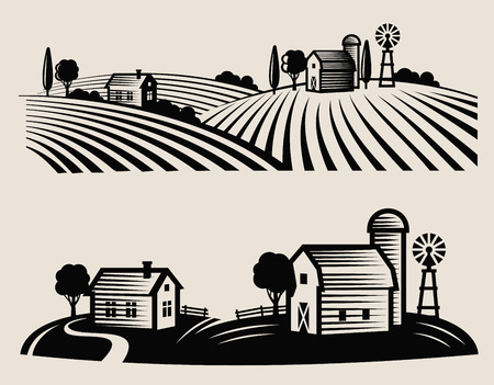 vector black farm and field on beige backgroundのイラスト素材