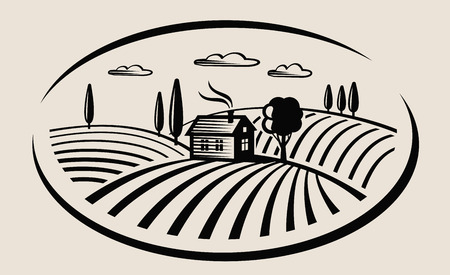 vector black farm and field on beige backgroundのイラスト素材