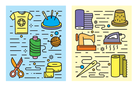 vector color flat sewing and needlework icons on whiteのイラスト素材