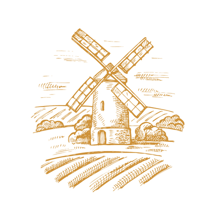 vector hand drawn image of mill and landscapeのイラスト素材