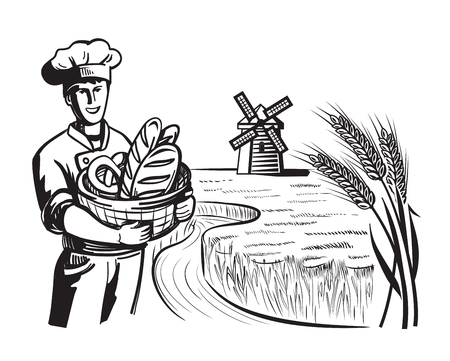 vector black happy chef and bakery on natureのイラスト素材