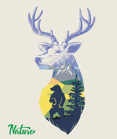 vector deer in forest on nature backgroundのイラスト素材