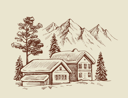 wood cabin in winter landscape vector illustrationのイラスト素材