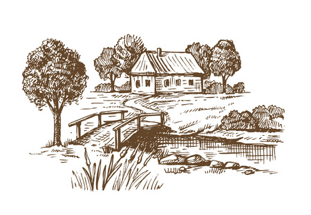 vector hand drawn village houses sketch and natureのイラスト素材