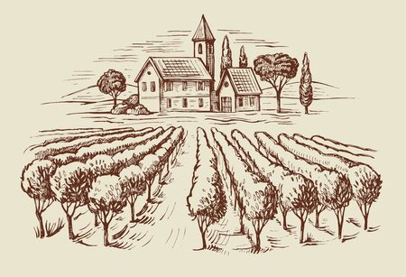 vector hand drawn image of village and landscapeのイラスト素材