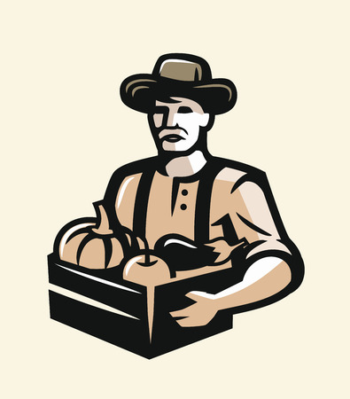 Farmer with vegetables on beige backgroundのイラスト素材