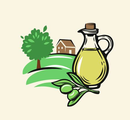 Olive with leaves vector label on beige backgroundのイラスト素材