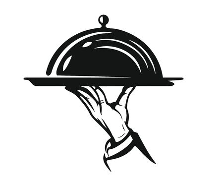 Waiter hold cloche in hand. Sign for your menu. Vectorのイラスト素材