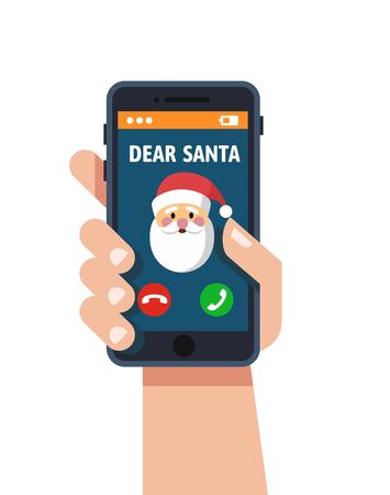 Smart phone in hand. Santa claus calls. Vector flat Design styleのイラスト素材