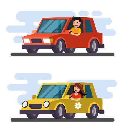 Man and girl driving car. Vector flat design cartoon.のイラスト素材