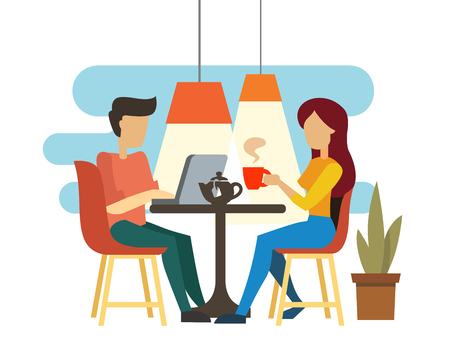 Young couple talking and drinking tea in cafe.のイラスト素材