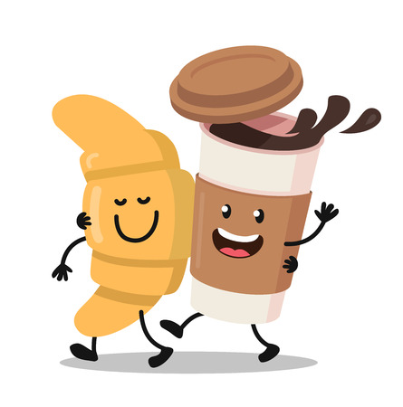 Funny cartoon characters coffee and croissant. Vector flat design.のイラスト素材