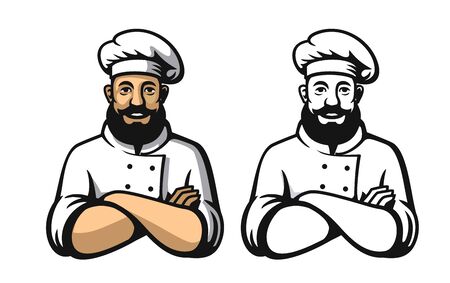 Smiling and happy chef. Black and color, vector illustration.のイラスト素材