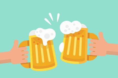 Two hands holding and clinking two beer mug.のイラスト素材