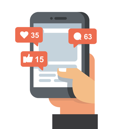 Man holding mobile phone with social network notifications. Vector flatのイラスト素材
