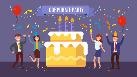 Office team celebrates birthday company. Vector flat style.のイラスト素材