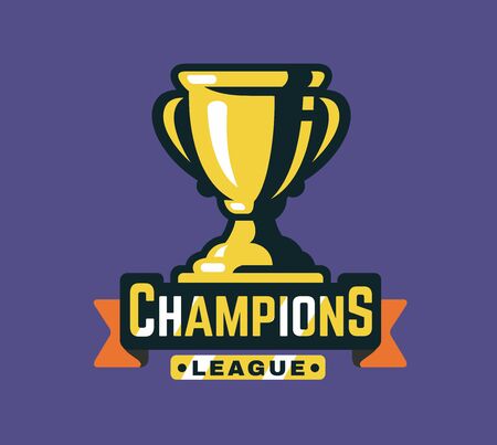 Trophy cup and ribbon with text. Vector flat.のイラスト素材