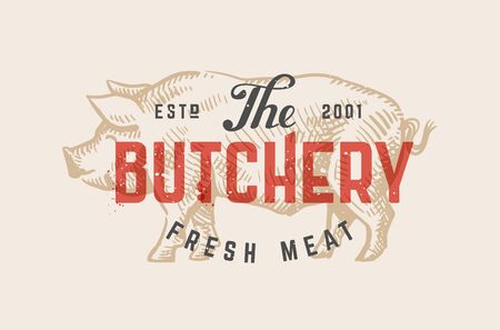 Butcher pork shop vintage logo. Vector illustrationのイラスト素材