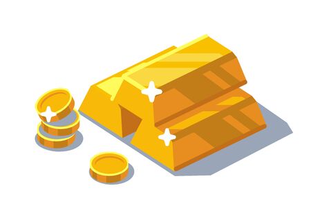 isometric golden bars and coins. Vector flat  illustration.のイラスト素材